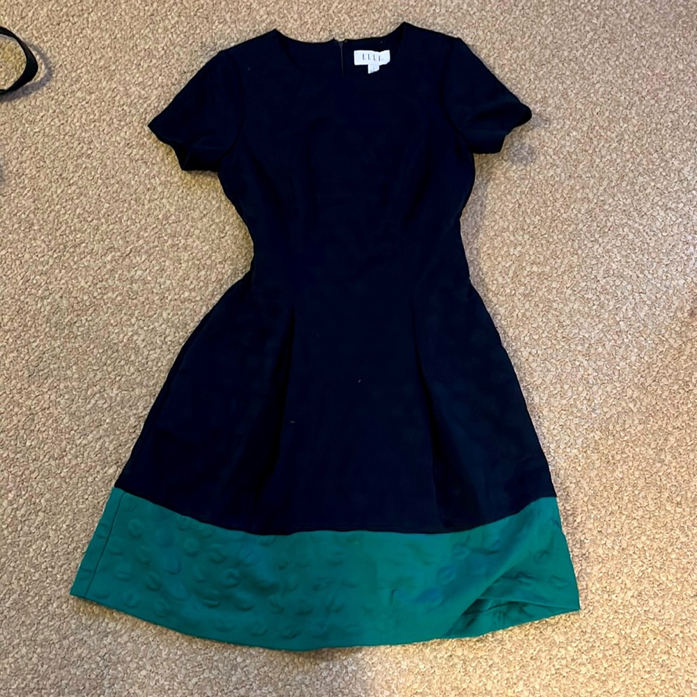 Navy and green structured a-line dress